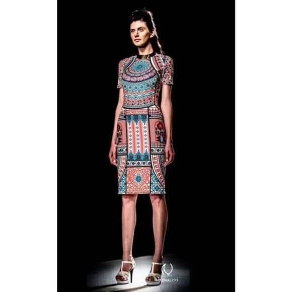 Anthropologie Pankaj & Nidhi Temple Mandala Print Ponte Knit Bodycon Sheath Dres - Picture 1 of 11
